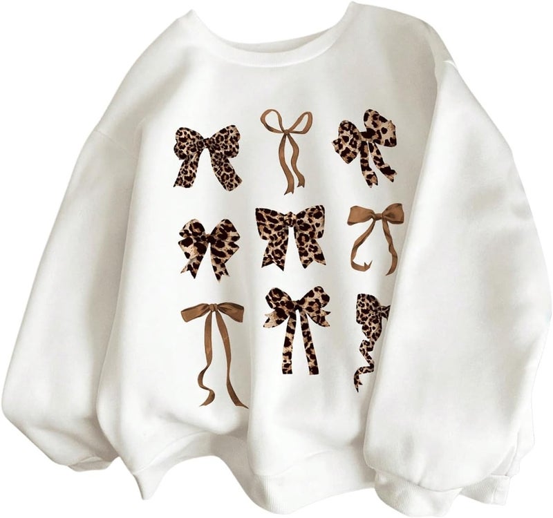 WDIRARA Girl's Leopard Bow Sweatshirt Crew Neck Long Sleeve Pullovers Graphic Top - Image 1